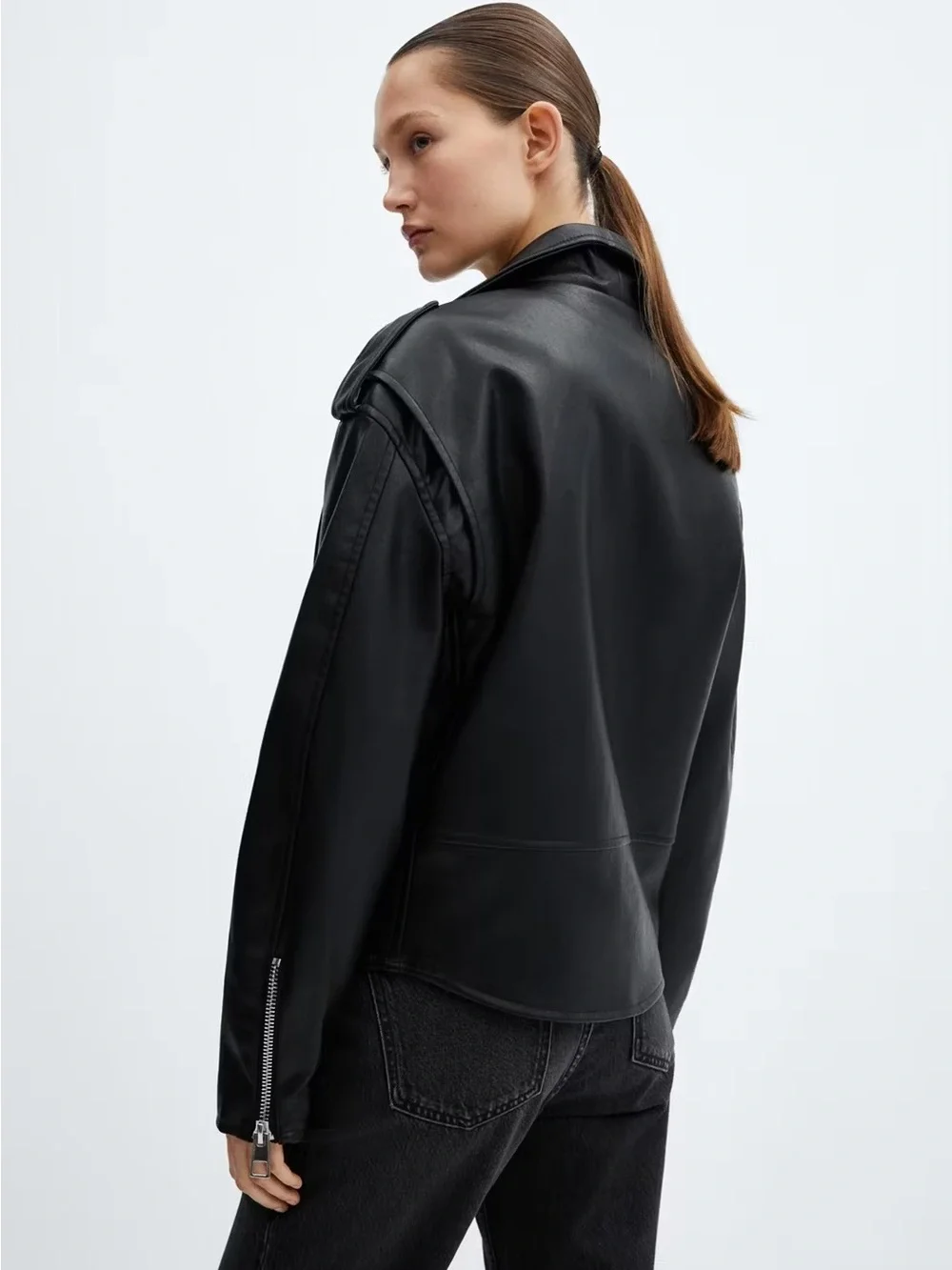 Mango Faux-Leather Oversized Biker Jacket - Black - XXL